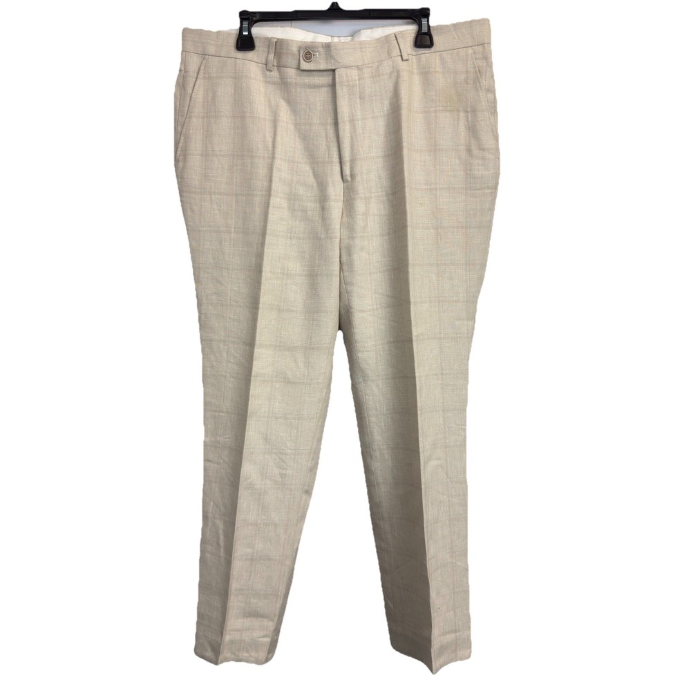 Men's‎ BESPOKE Linen Blend Pants Light Natural Beige Trousers 38X30 Windowpane